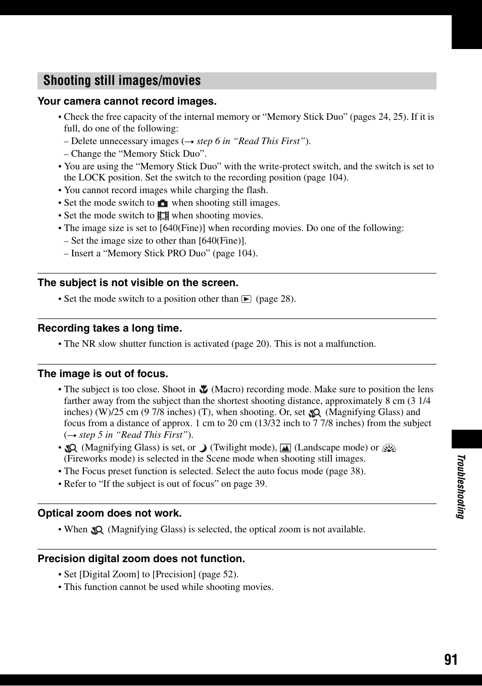 Shooting still images/movies | Sony DSC-T30 User Manual | Page 91 / 119