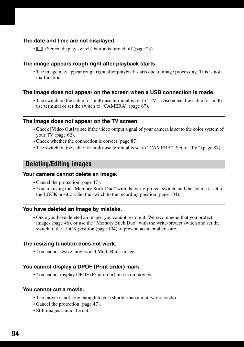 Deleting/editing images | Sony DSC-T30 User Manual | Page 94 / 119