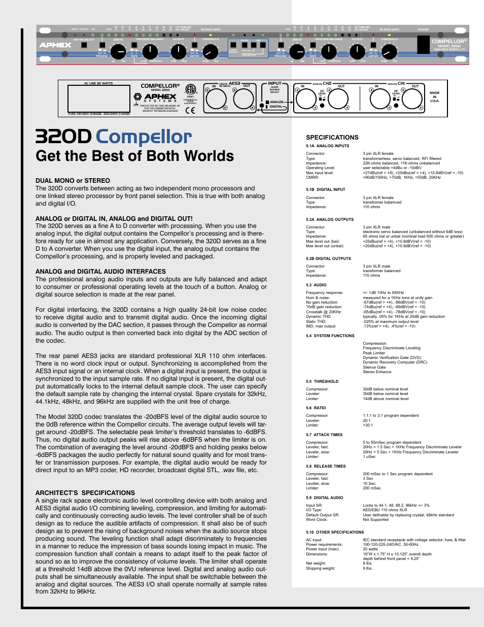 320d compellor, Get the best of both worlds, Specifications | Compellor | Aphex Systems Compellor 320D User Manual | Page 2 / 2