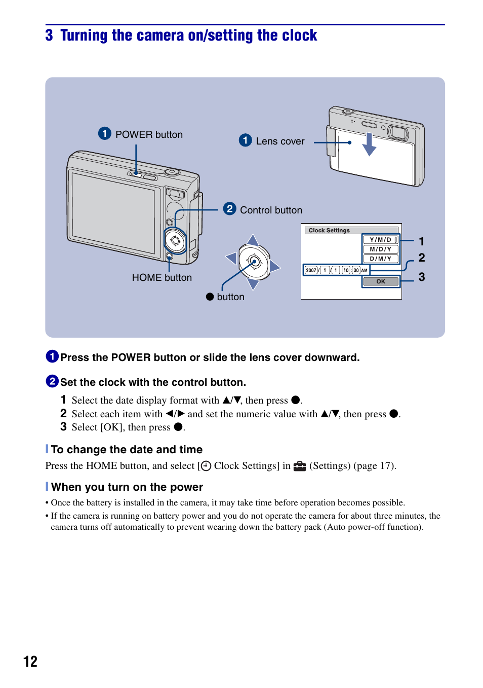 3 turning the camera on/setting the clock | Sony DSC-T100 User Manual | Page 12 / 60