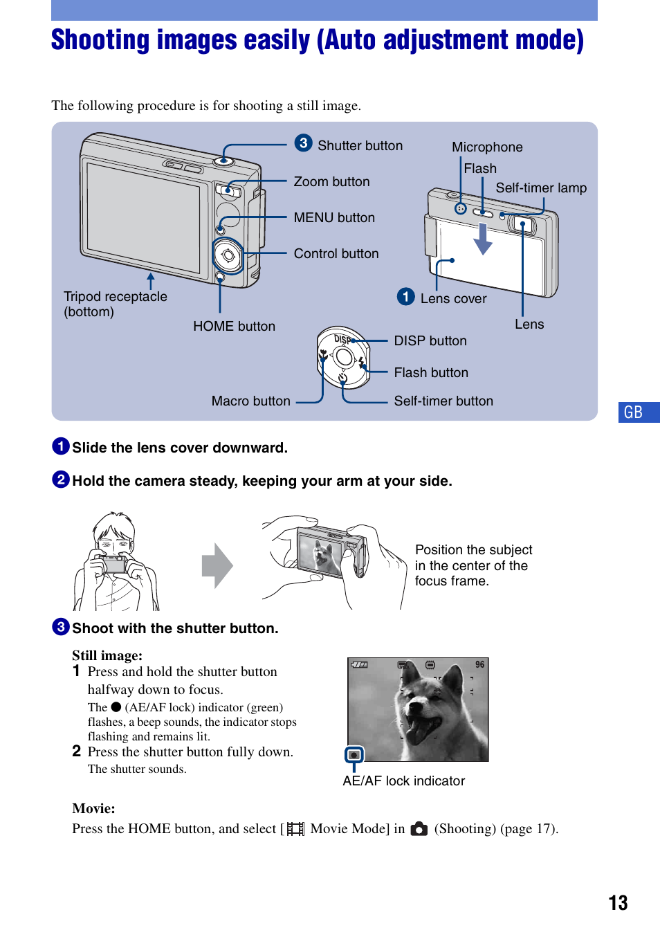 Shooting images easily (auto adjustment mode) | Sony DSC-T100 User Manual | Page 13 / 60