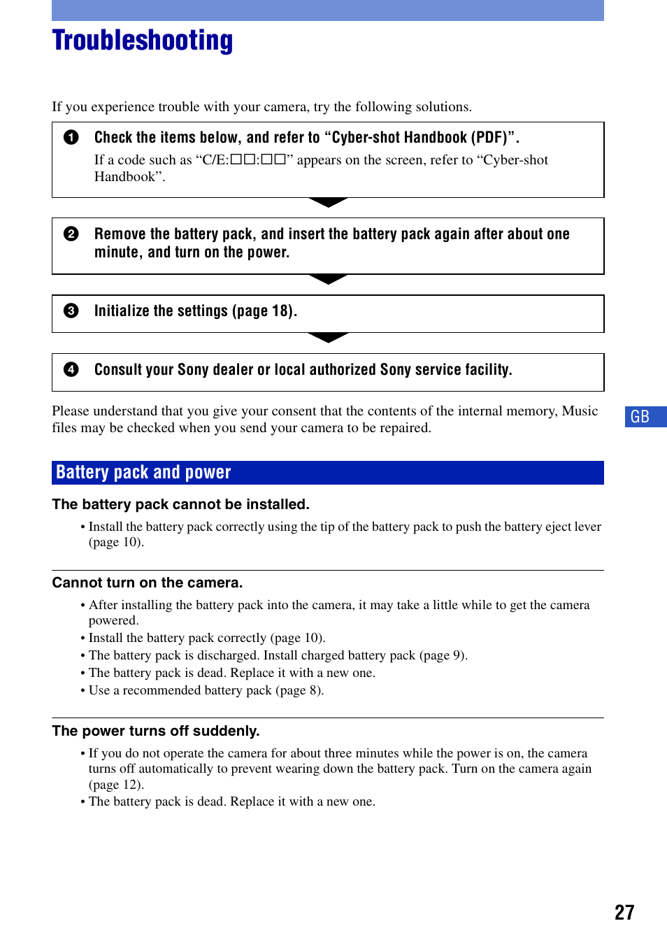 Troubleshooting, Battery pack and power | Sony DSC-T100 User Manual | Page 27 / 60