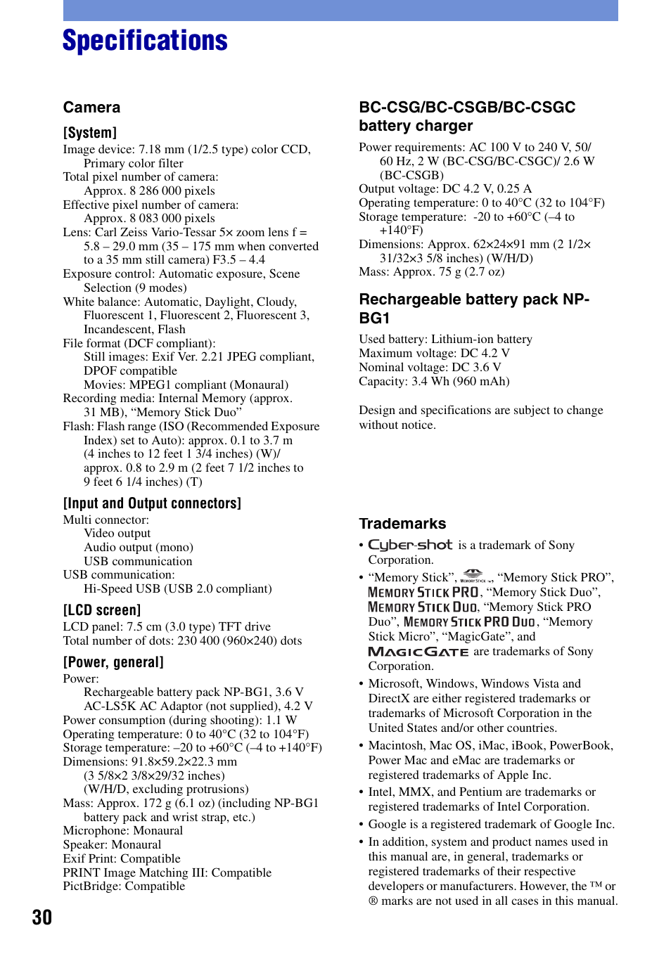 Specifications | Sony DSC-T100 User Manual | Page 30 / 60