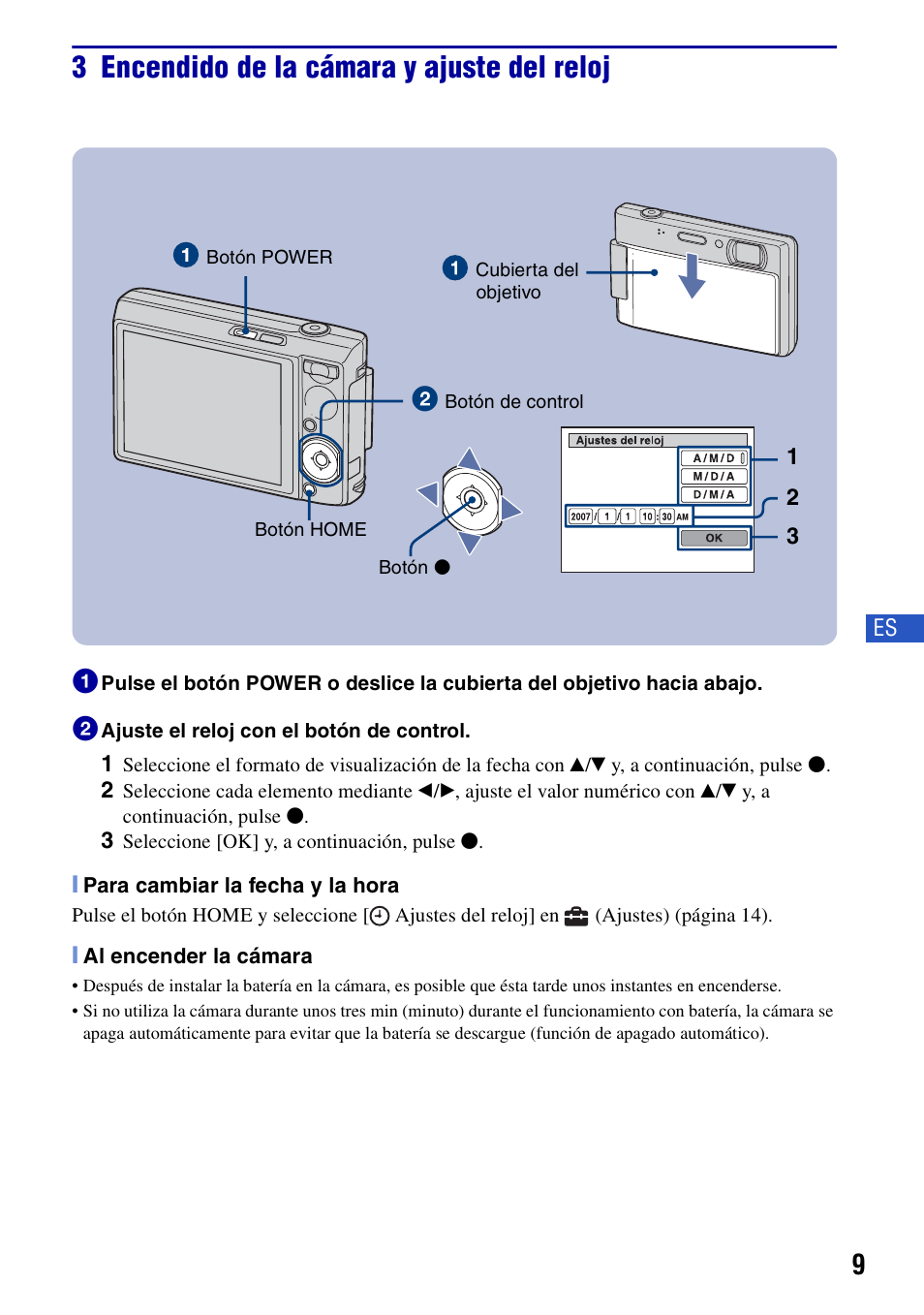 3 encendido de la cámara y ajuste del reloj | Sony DSC-T100 User Manual | Page 39 / 60