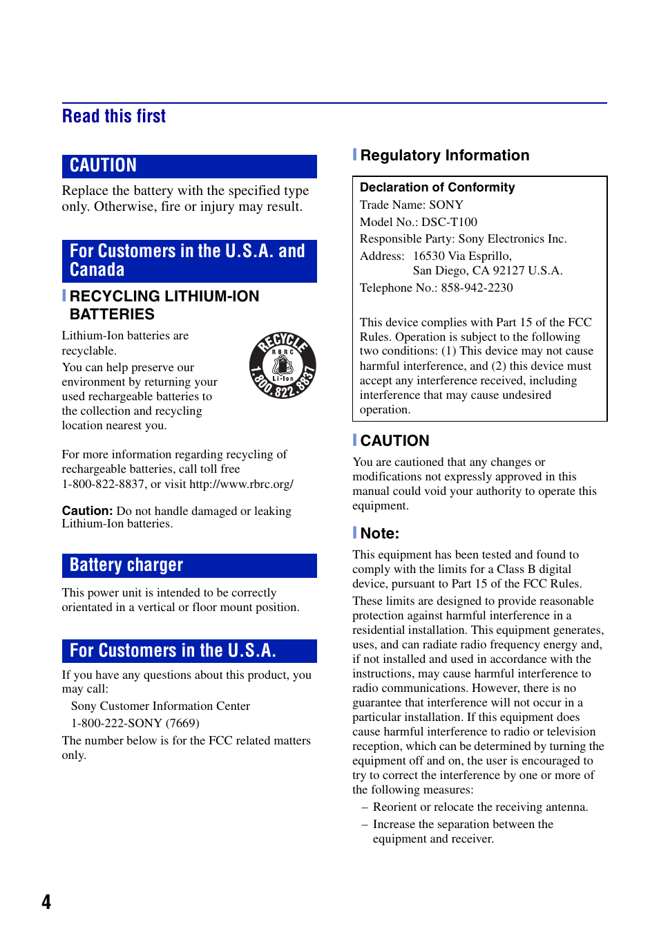 Read this first | Sony DSC-T100 User Manual | Page 4 / 60