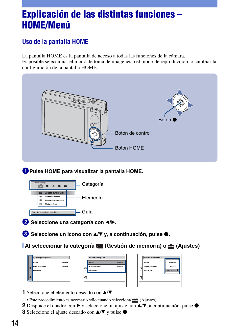 Explicación de las distintas funciones - home/menú, Uso de la pantalla home, Explicación de las distintas funciones – home/menú | Sony DSC-T100 User Manual | Page 44 / 60