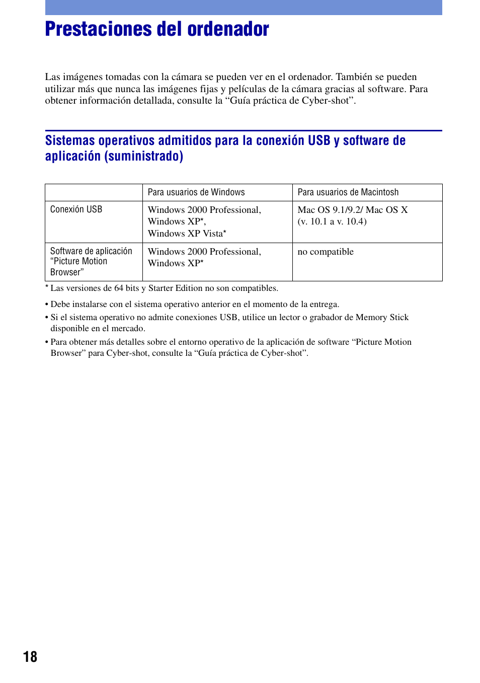 Prestaciones del ordenador | Sony DSC-T100 User Manual | Page 48 / 60