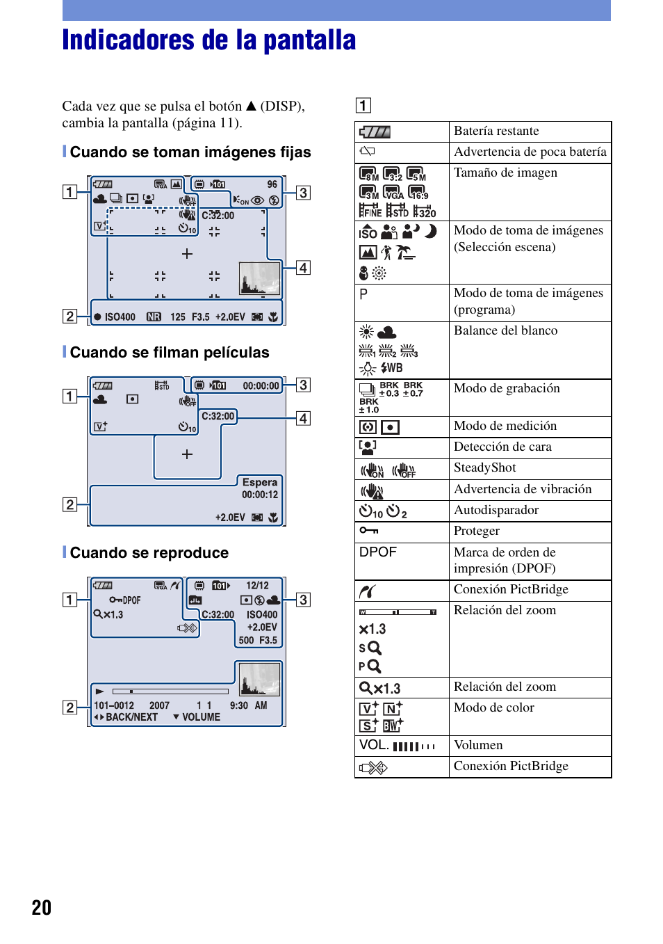 Indicadores de la pantalla | Sony DSC-T100 User Manual | Page 50 / 60