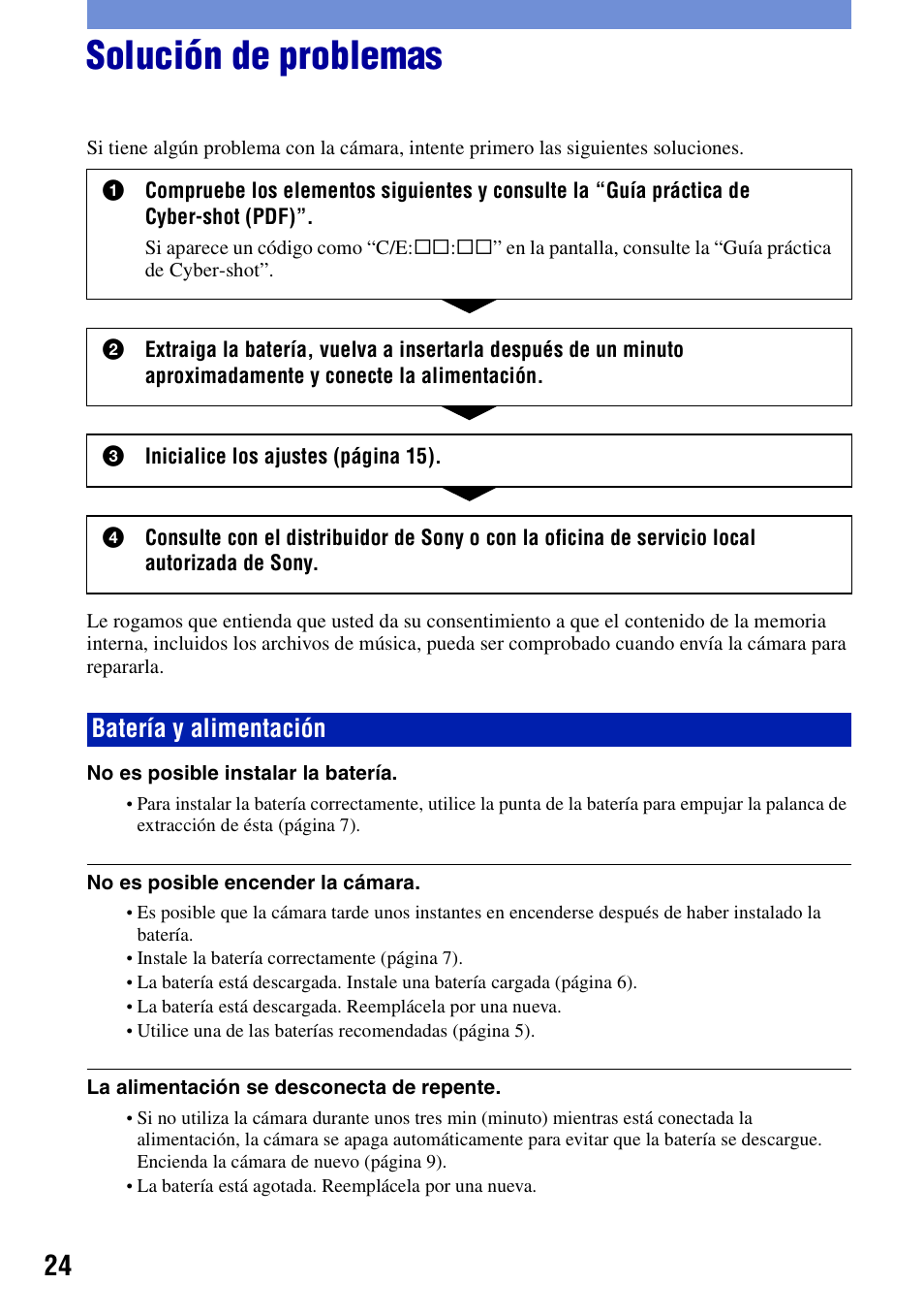 Solución de problemas, Batería y alimentación | Sony DSC-T100 User Manual | Page 54 / 60