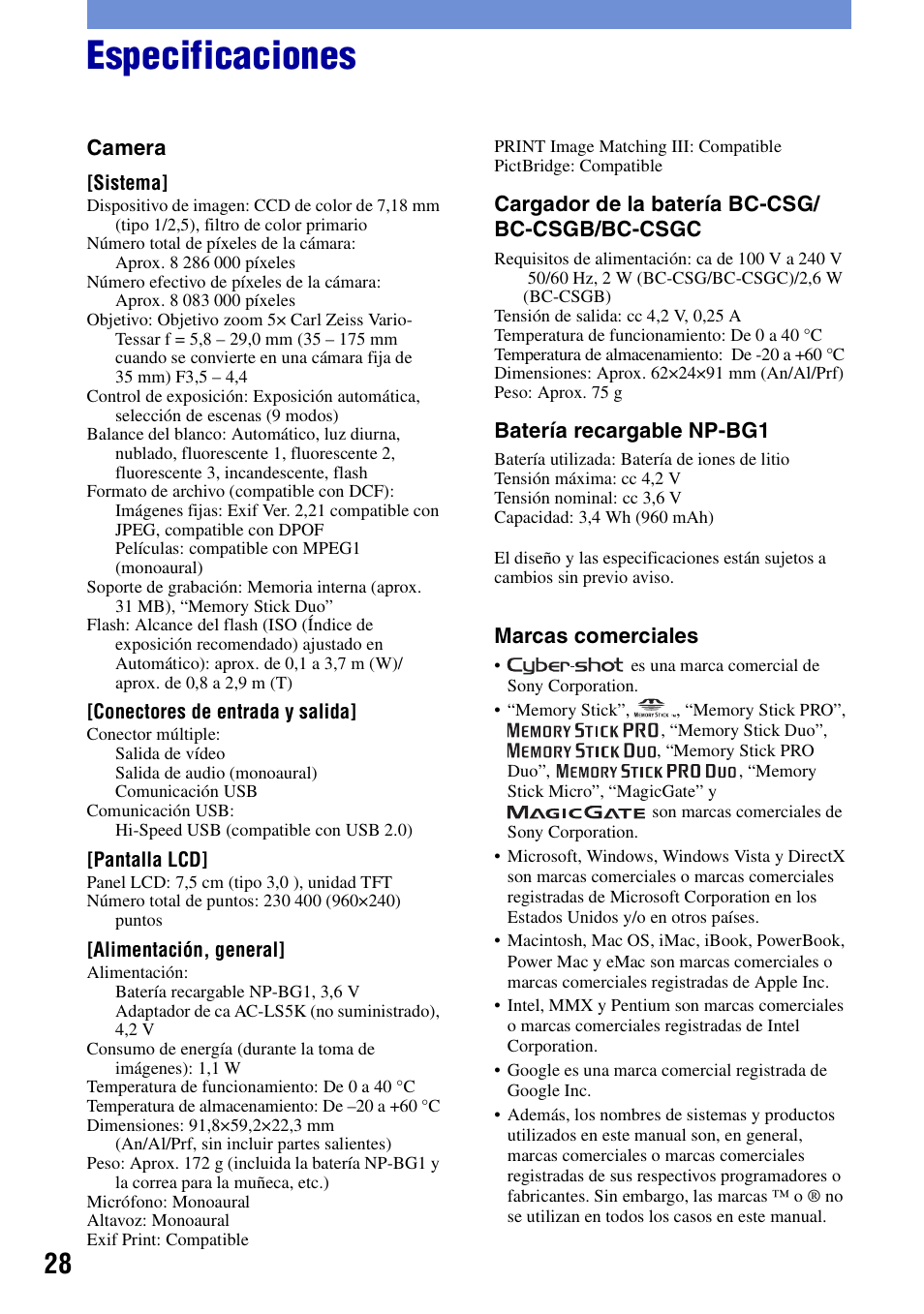 Especificaciones | Sony DSC-T100 User Manual | Page 58 / 60