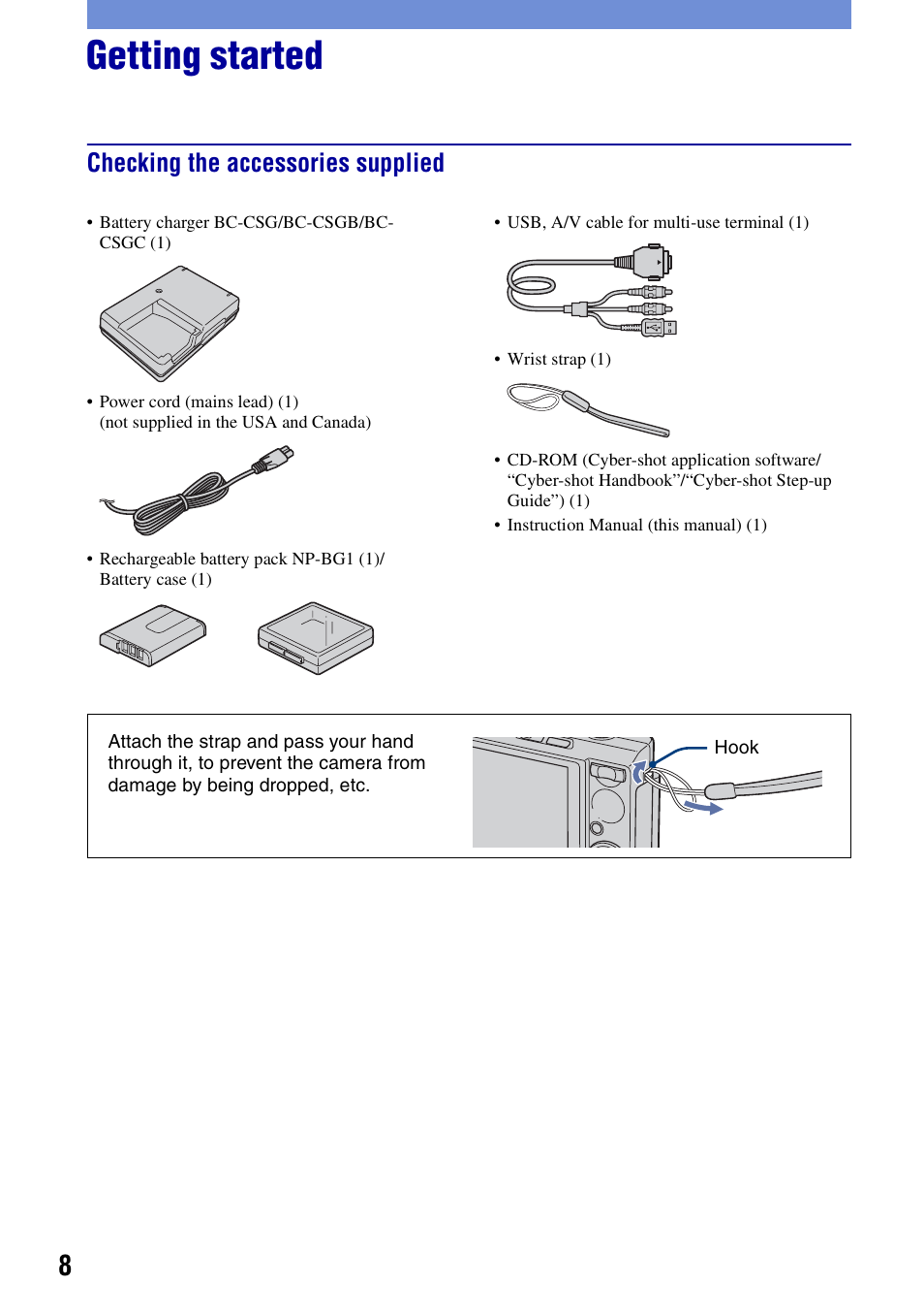Getting started, Checking the accessories supplied | Sony DSC-T100 User Manual | Page 8 / 60