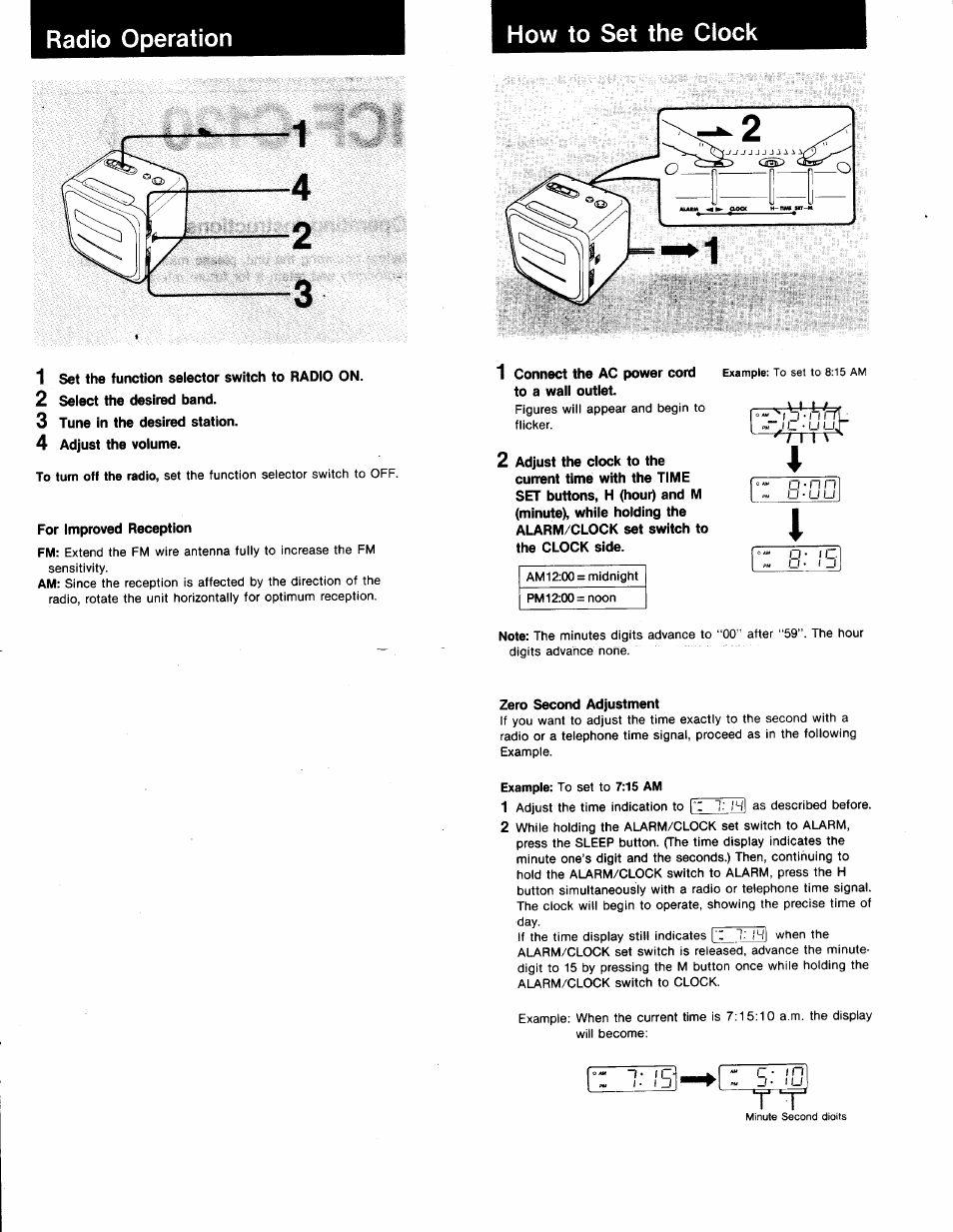 How to set the clock, Radio operation how to set the clock 1 | Sony ICF-C120 User Manual | Page 2 / 4