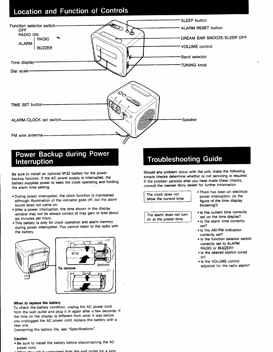 Location and function of controls, Power backup during power interruption | Sony ICF-C120 User Manual | Page 4 / 4