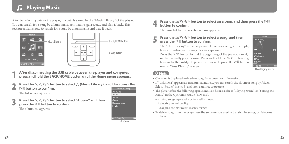 Playing music | Sony NWZ-S718F User Manual | Page 13 / 16