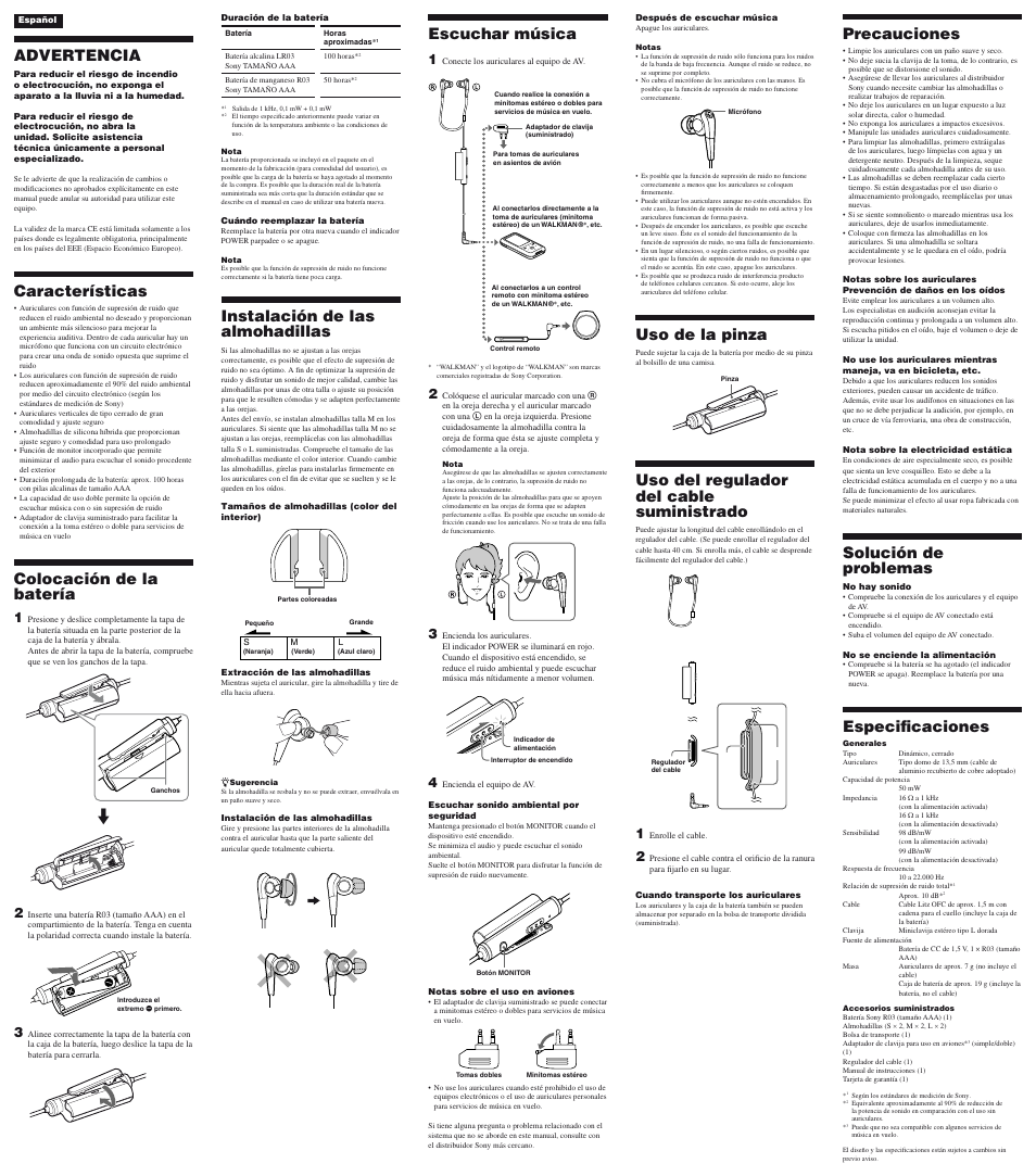 Advertencia, Características, Colocación de la batería | Instalación de las almohadillas, Escuchar música, Uso de la pinza, Uso del regulador del cable suministrado, Precauciones, Solución de problemas, Especifi caciones | Sony MDR-NC33 User Manual | Page 2 / 2