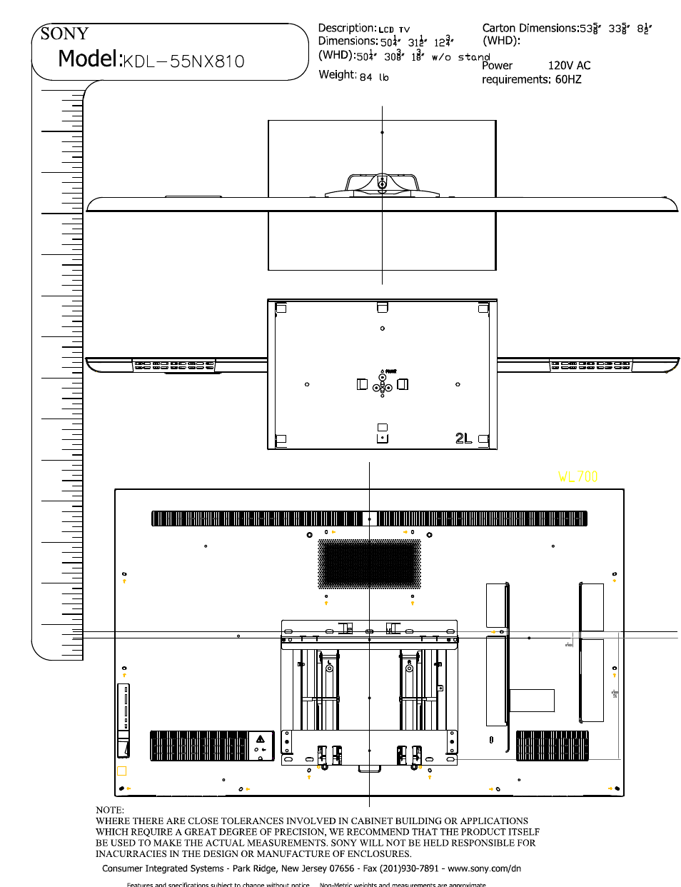 Sony, Model :kdl-55nx8io, W/o stand | D gi® cd, Model | Sony KDL-55NX810 User Manual | Page 5 / 5