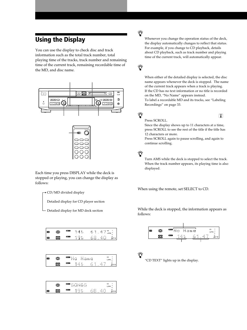 Playing cds and mds, Using the display, Playing cds and mds 12 playing cds and mds | Changing the display | Sony MXD-D40 User Manual | Page 12 / 52