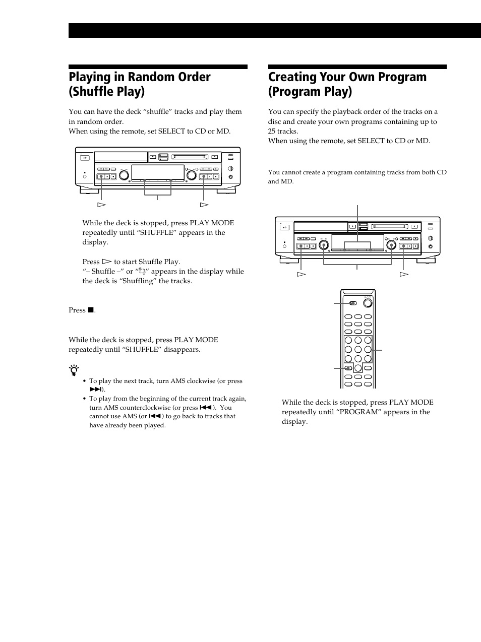 Playing in random order (shuffle play), Creating your own program (program play), Playing cds and mds 16 | Sony MXD-D40 User Manual | Page 16 / 52