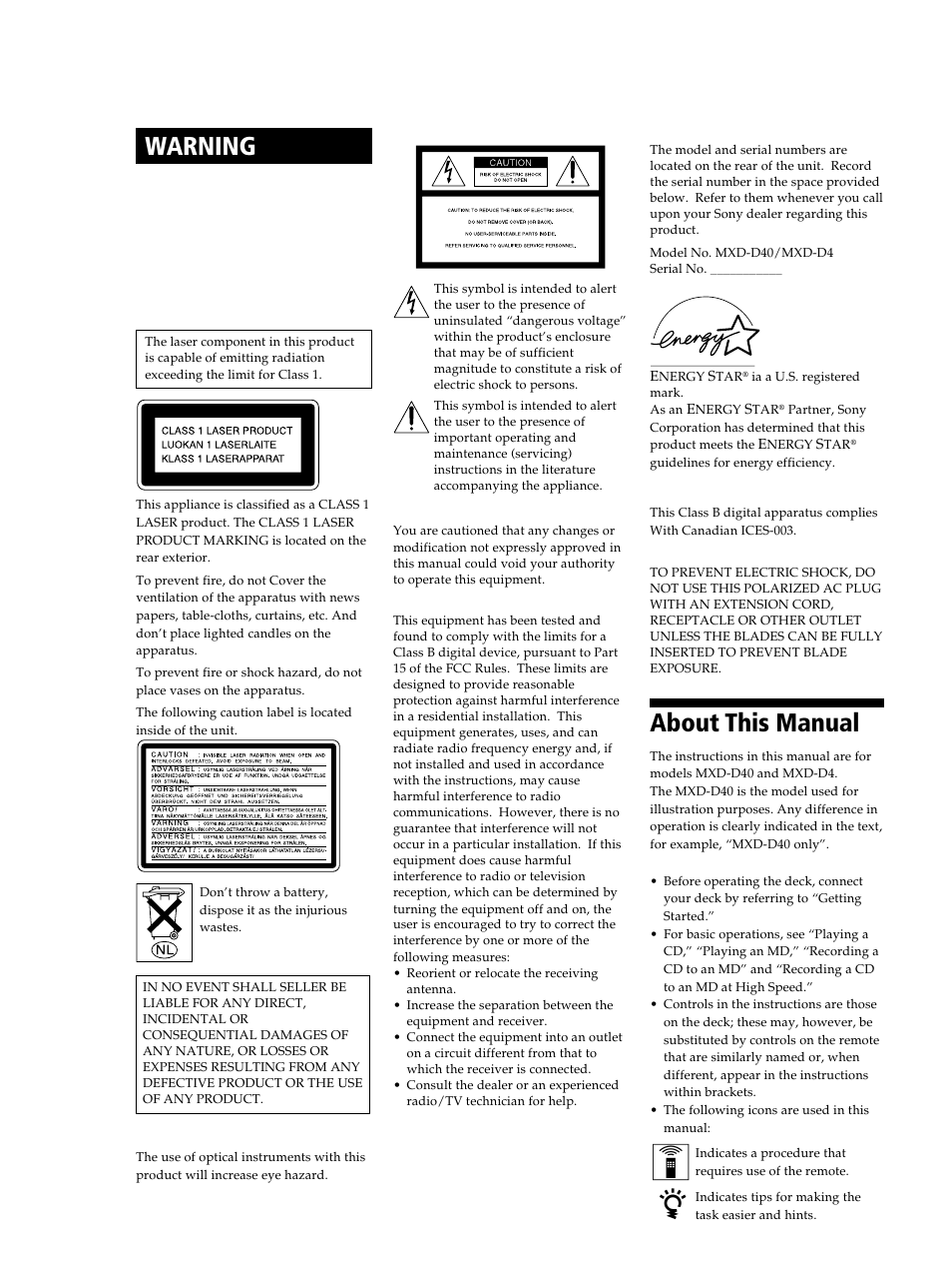 Warning, About this manual, For the customers in the u.s.a | Sony MXD-D40 User Manual | Page 2 / 52
