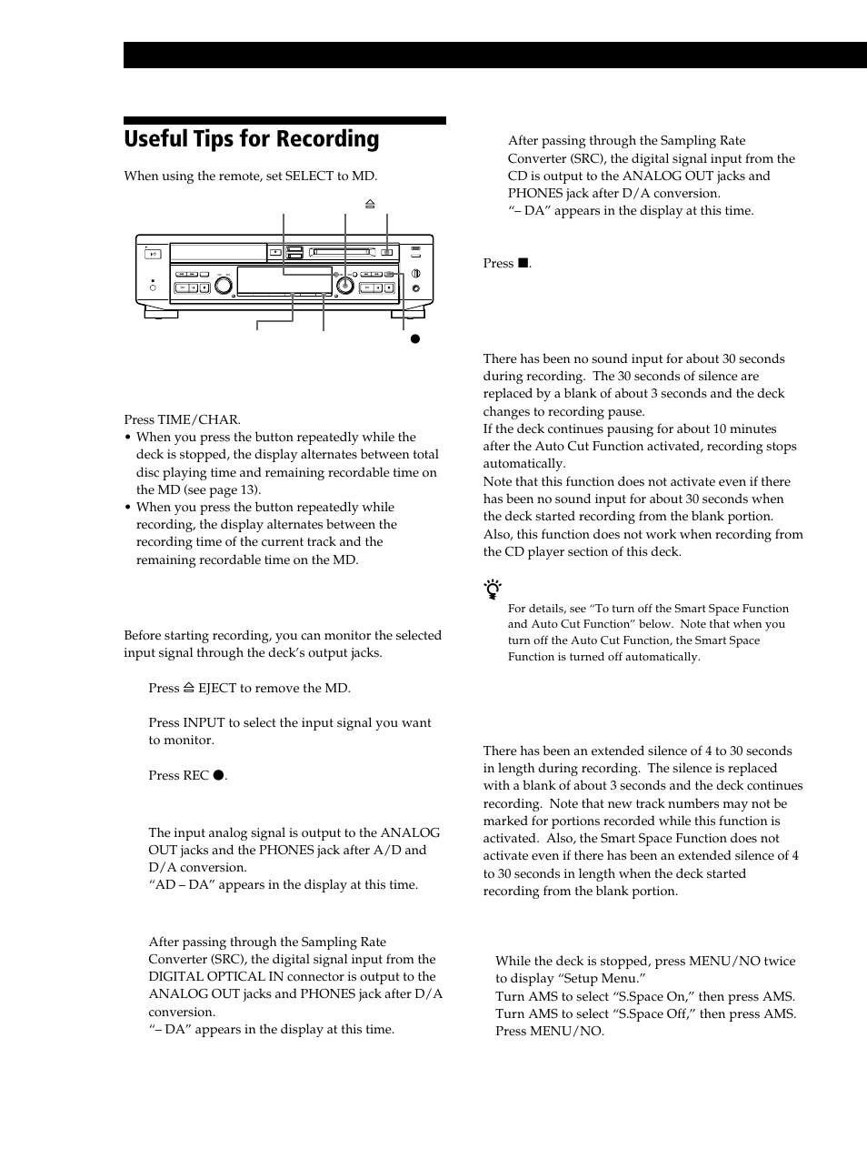 Useful tips for recording, Recording on mds 20, Checking the remaining recordable time on the md | Monitoring the input signal (input monitor), If “auto cut” appears in the display (auto cut) | Sony MXD-D40 User Manual | Page 20 / 52