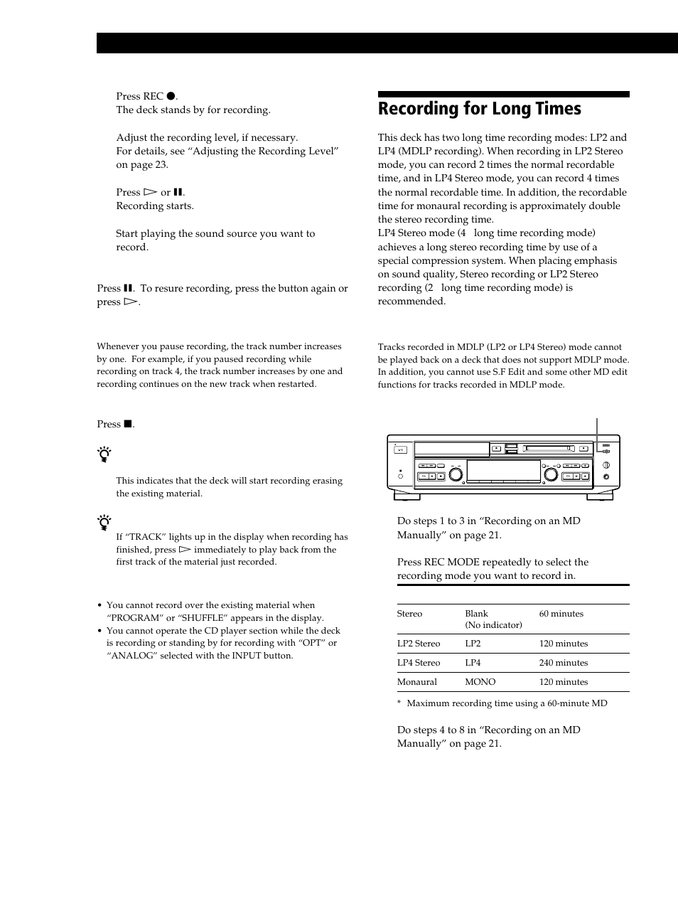 Recording for long times, Recording on mds 22 5 | Sony MXD-D40 User Manual | Page 22 / 52