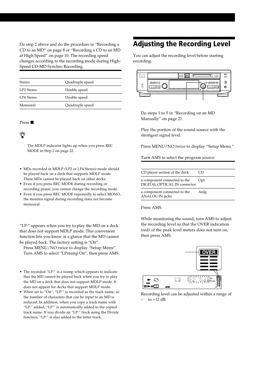 Adjusting the recording level, 23 recording on mds | Sony MXD-D40 User Manual | Page 23 / 52