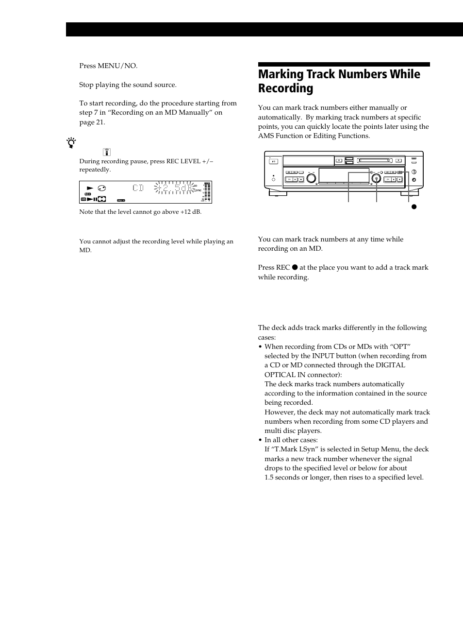 Marking track numbers while recording, Recording on mds 24 7, Marking track numbers manually | Sony MXD-D40 User Manual | Page 24 / 52