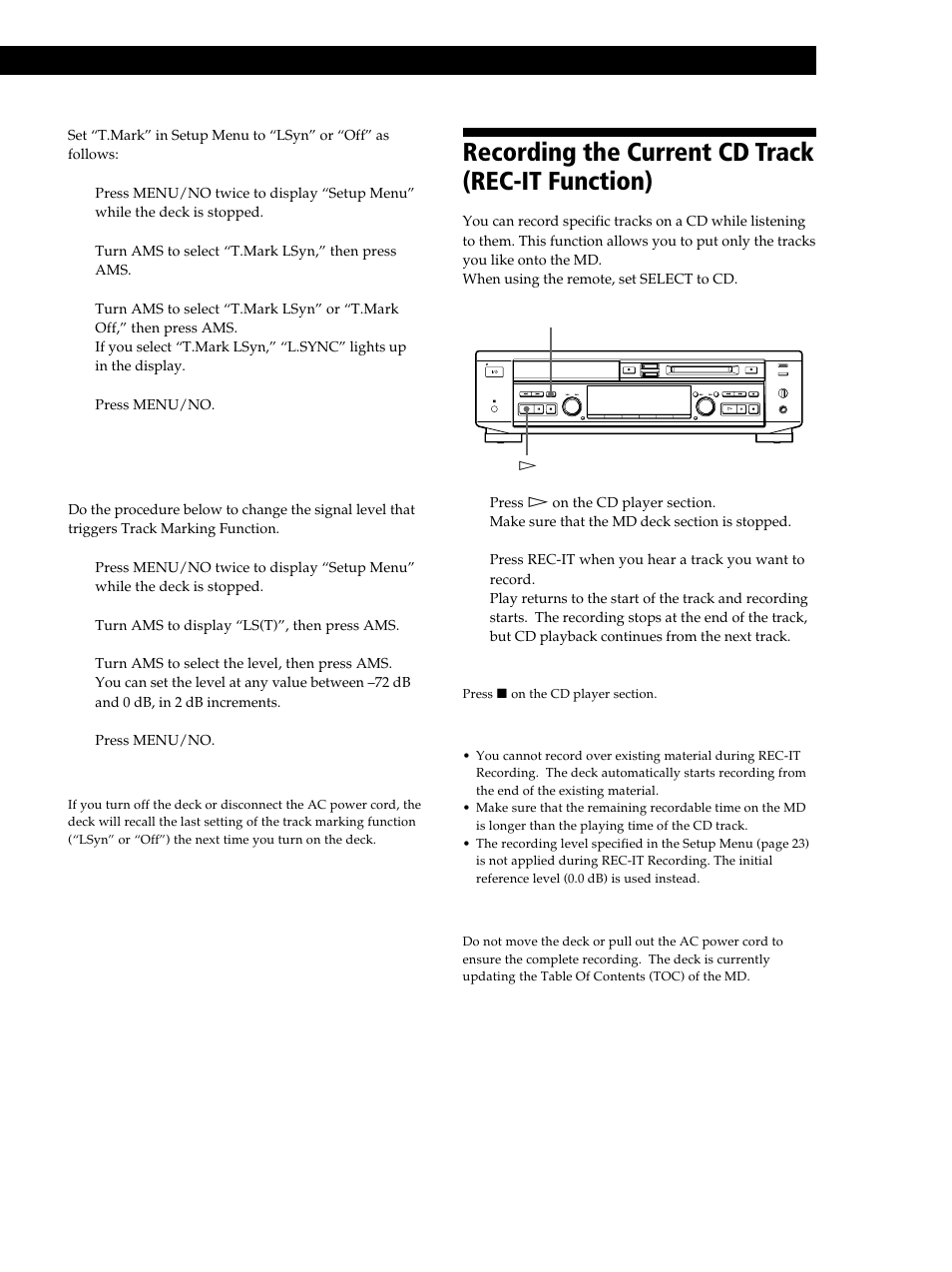 Recording the current cd track (rec-it function), 25 recording on mds | Sony MXD-D40 User Manual | Page 25 / 52