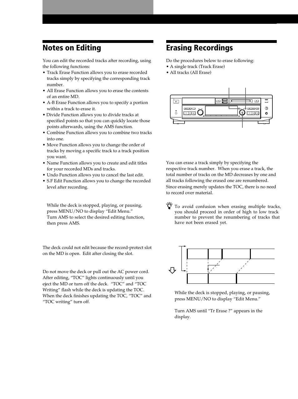 Editing recorded mds, Notes on editing, Erasing recordings | Editing recorded mds 28 editing recorded mds, Erasing a single track (track erase function) | Sony MXD-D40 User Manual | Page 28 / 52