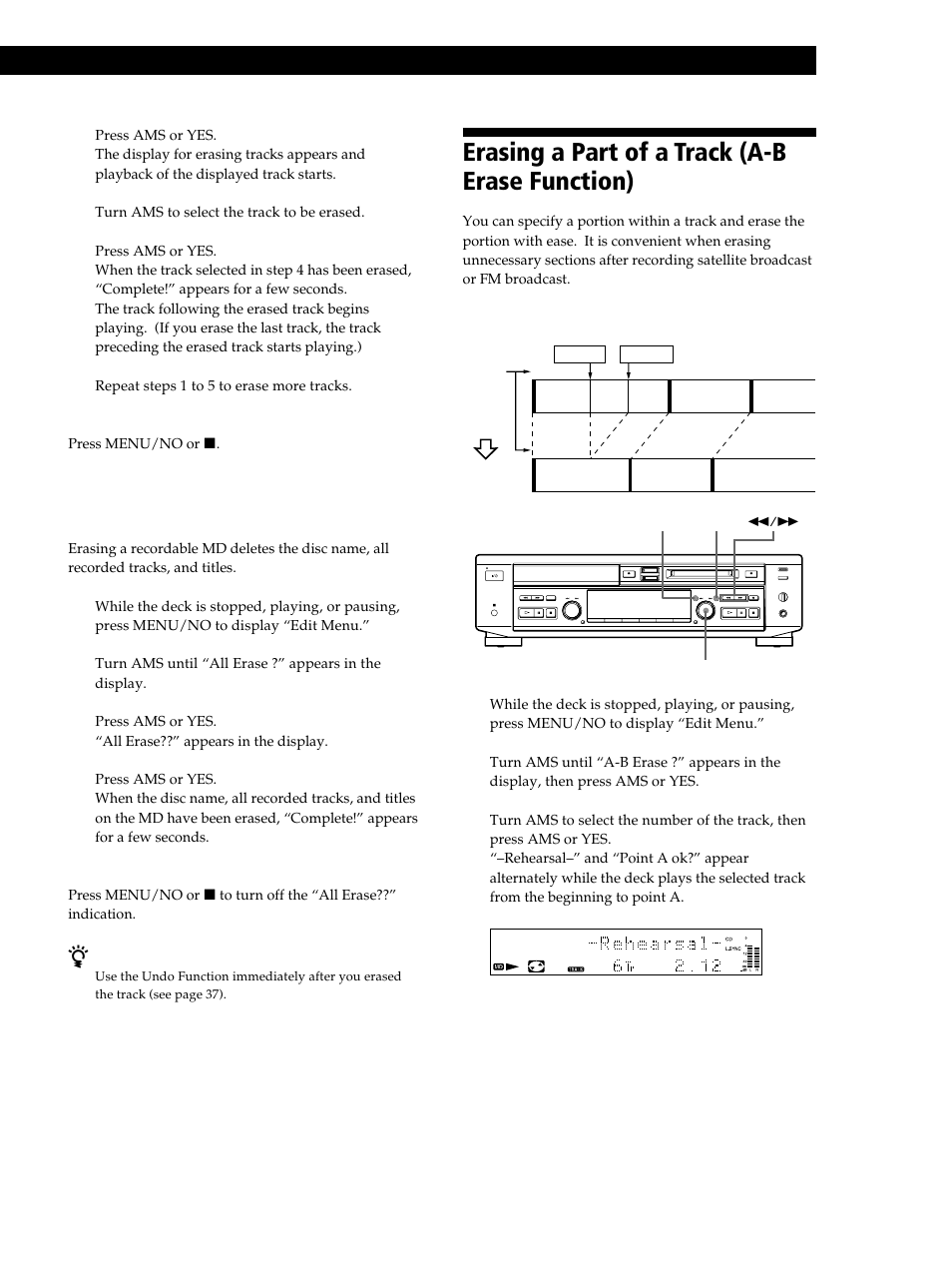 Erasing a part of a track (a-b erase function), 29 editing recorded mds 3, Erasing all tracks on an md (all erase function) | Sony MXD-D40 User Manual | Page 29 / 52