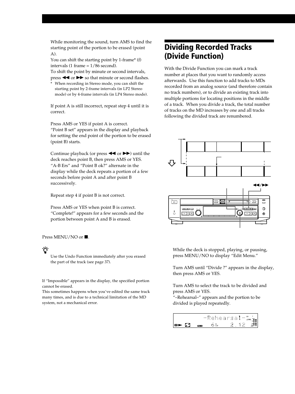 Dividing recorded tracks (divide function), Editing recorded mds 30, Dividing a track after selecting the track 1 | Sony MXD-D40 User Manual | Page 30 / 52