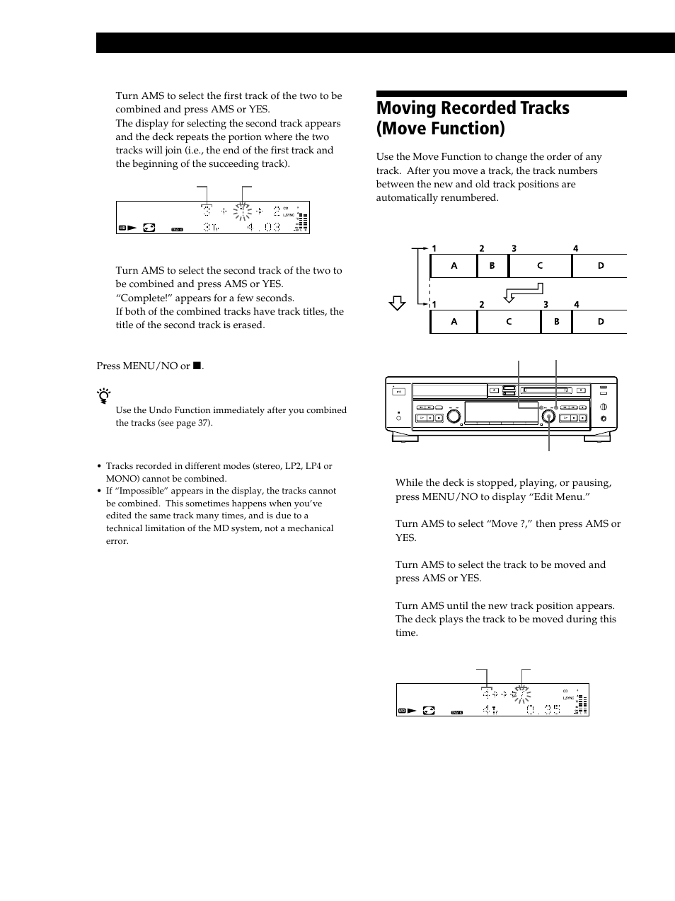 Moving recorded tracks (move function), Editing recorded mds 32 | Sony MXD-D40 User Manual | Page 32 / 52