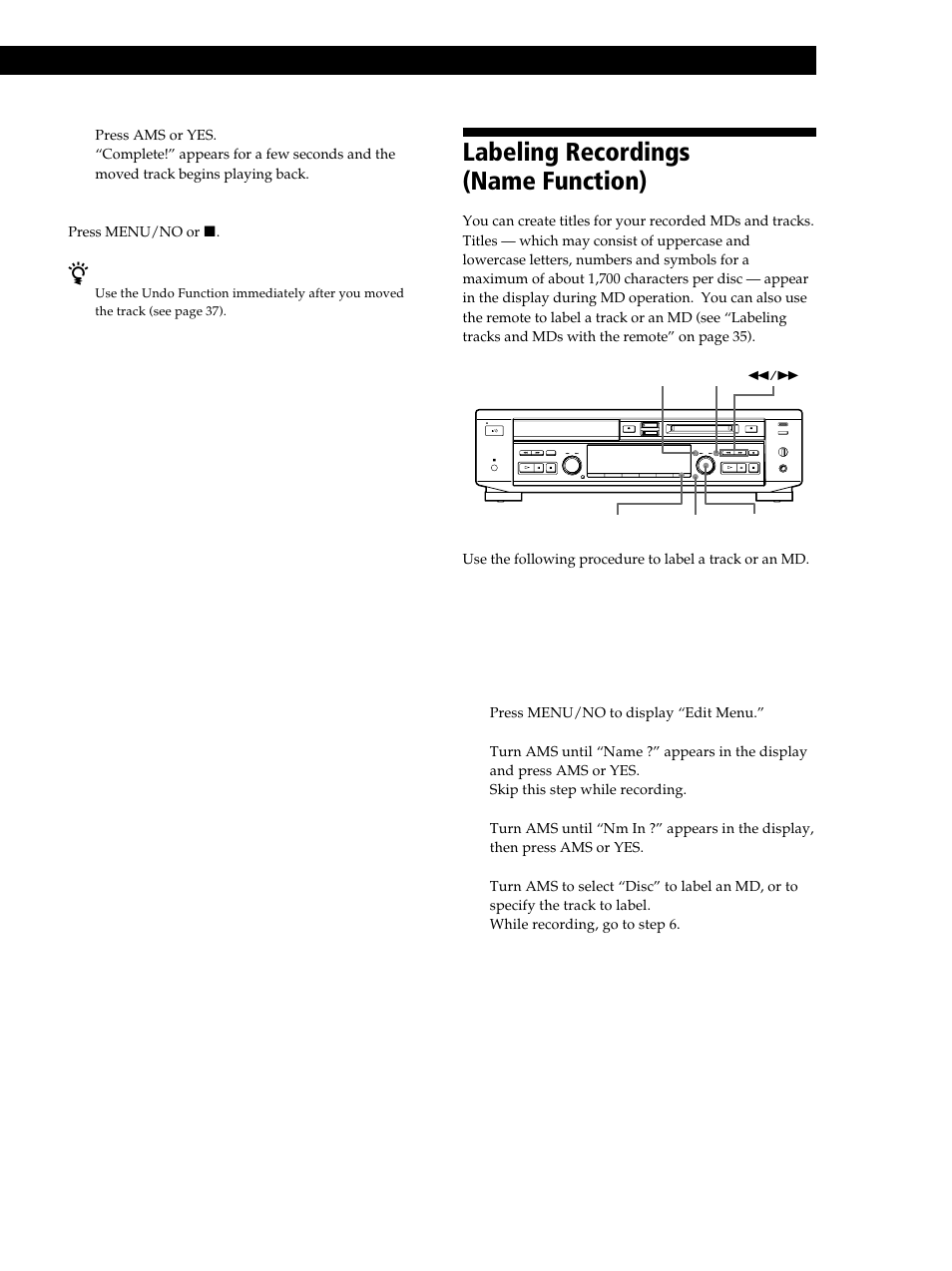 Labeling recordings (name function) | Sony MXD-D40 User Manual | Page 33 / 52