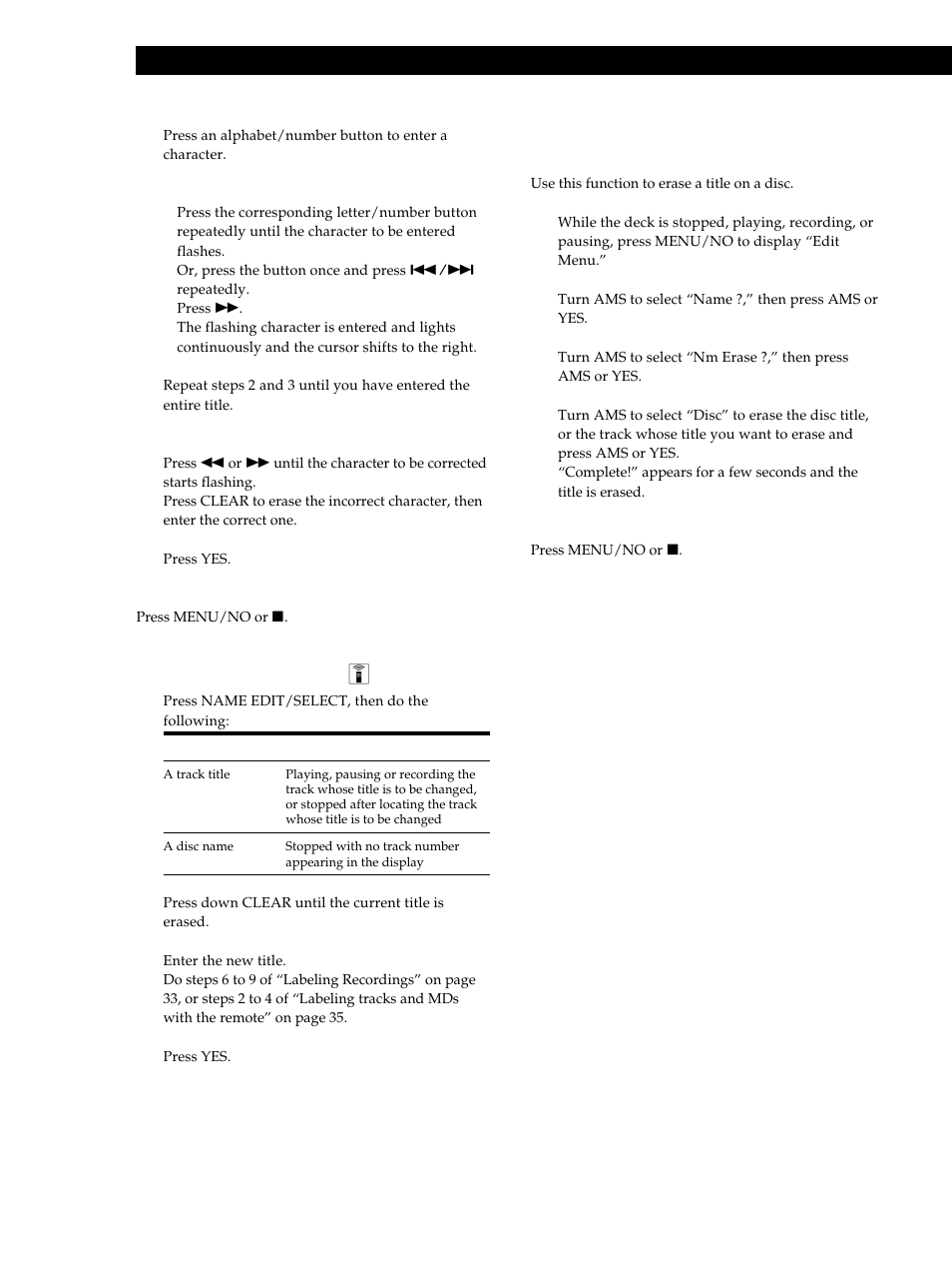 Editing recorded mds 36 3, Changing an existing title z 1, Erasing a title on a disc (name erase function) | Sony MXD-D40 User Manual | Page 36 / 52