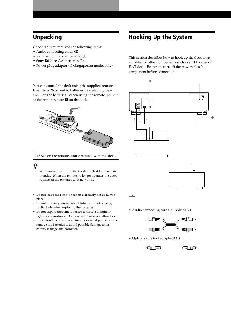 Getting started, Unpacking, Hooking up the system | Getting started 4, Inserting batteries into the remote, Overview | Sony MXD-D40 User Manual | Page 4 / 52