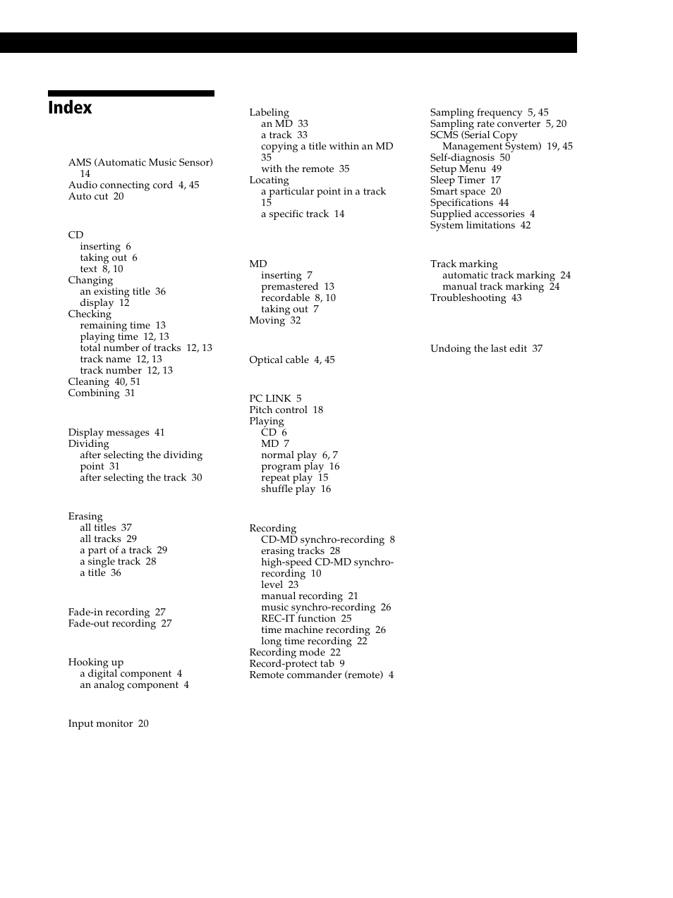 Index | Sony MXD-D40 User Manual | Page 47 / 52