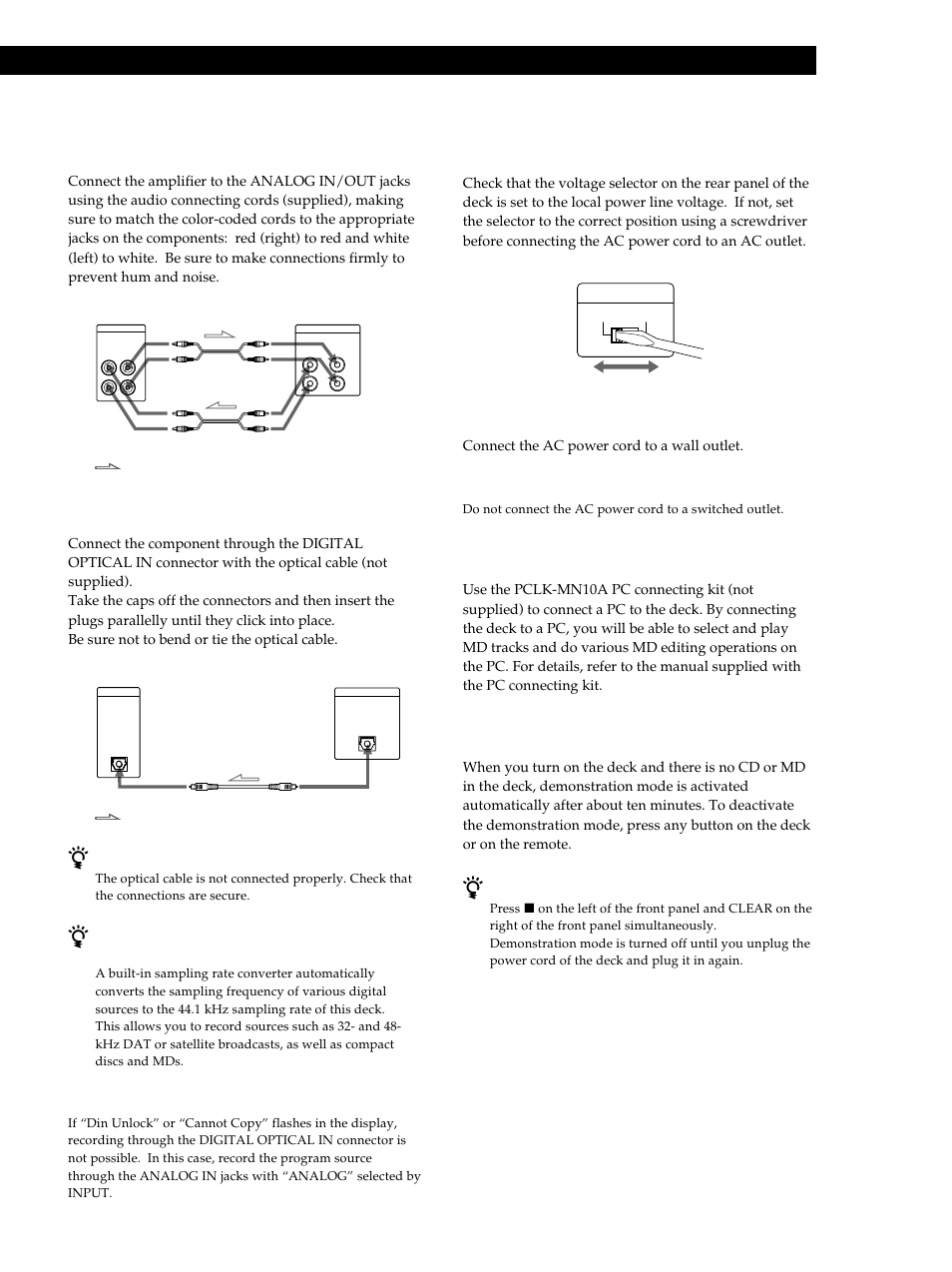 5getting started hookups, Connecting the ac power cord, Connecting a pc (mxd-d40 only) | Demonstration mode, Connecting the deck to an amplifier | Sony MXD-D40 User Manual | Page 5 / 52