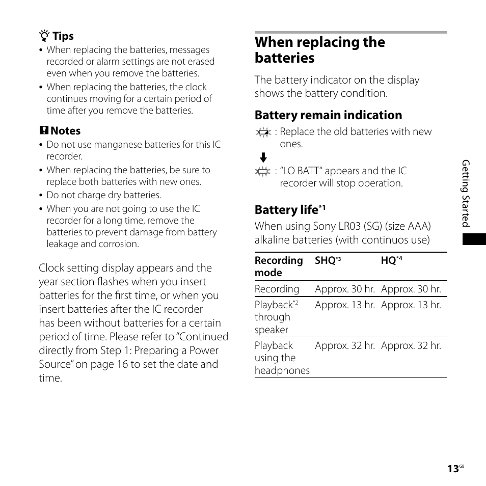 When replacing the batteries, Battery remain indication, Battery life | Sony ICD-PX720 User Manual | Page 13 / 96