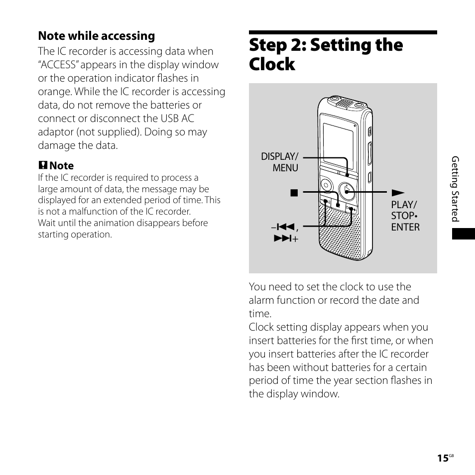 Step 2: setting the clock | Sony ICD-PX720 User Manual | Page 15 / 96