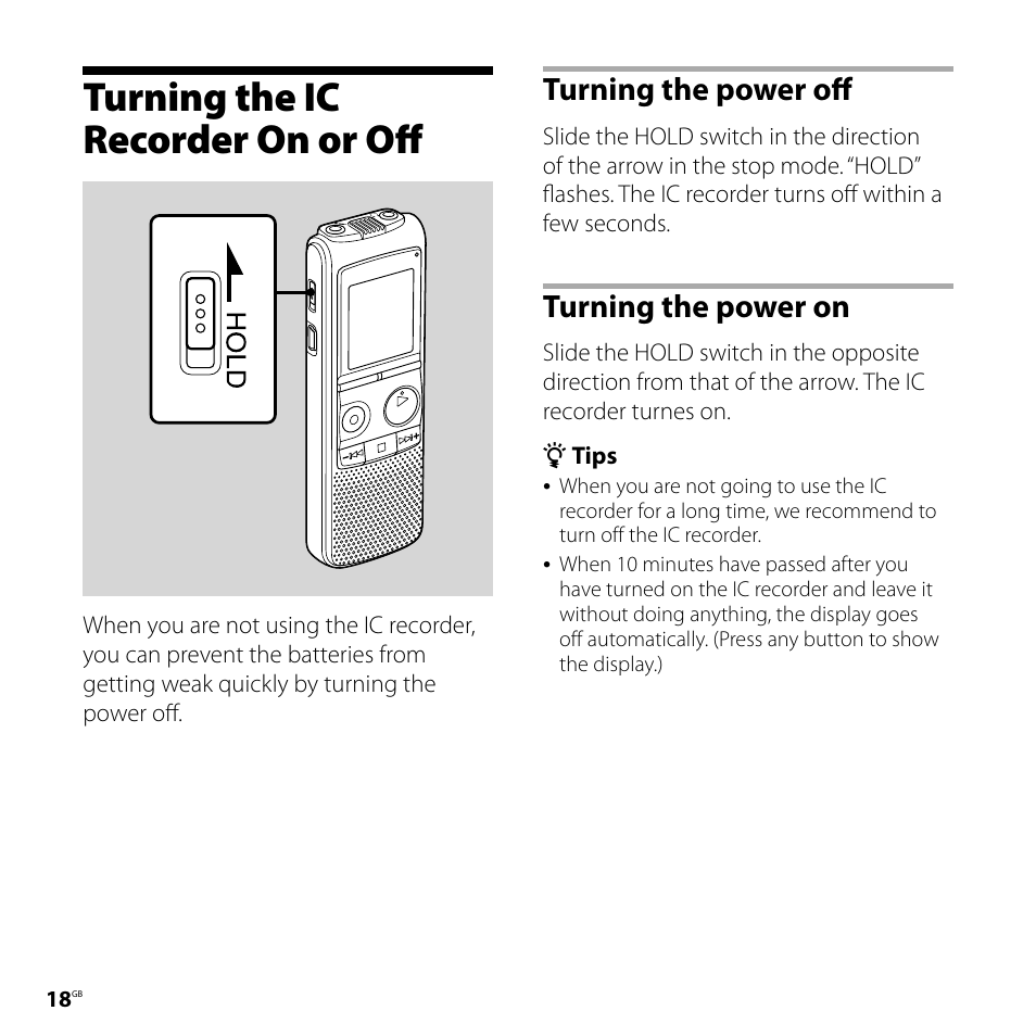 Turning the ic recorder on or off, Turning the power off, Turning the power on | Turning the power off turning the power on | Sony ICD-PX720 User Manual | Page 18 / 96