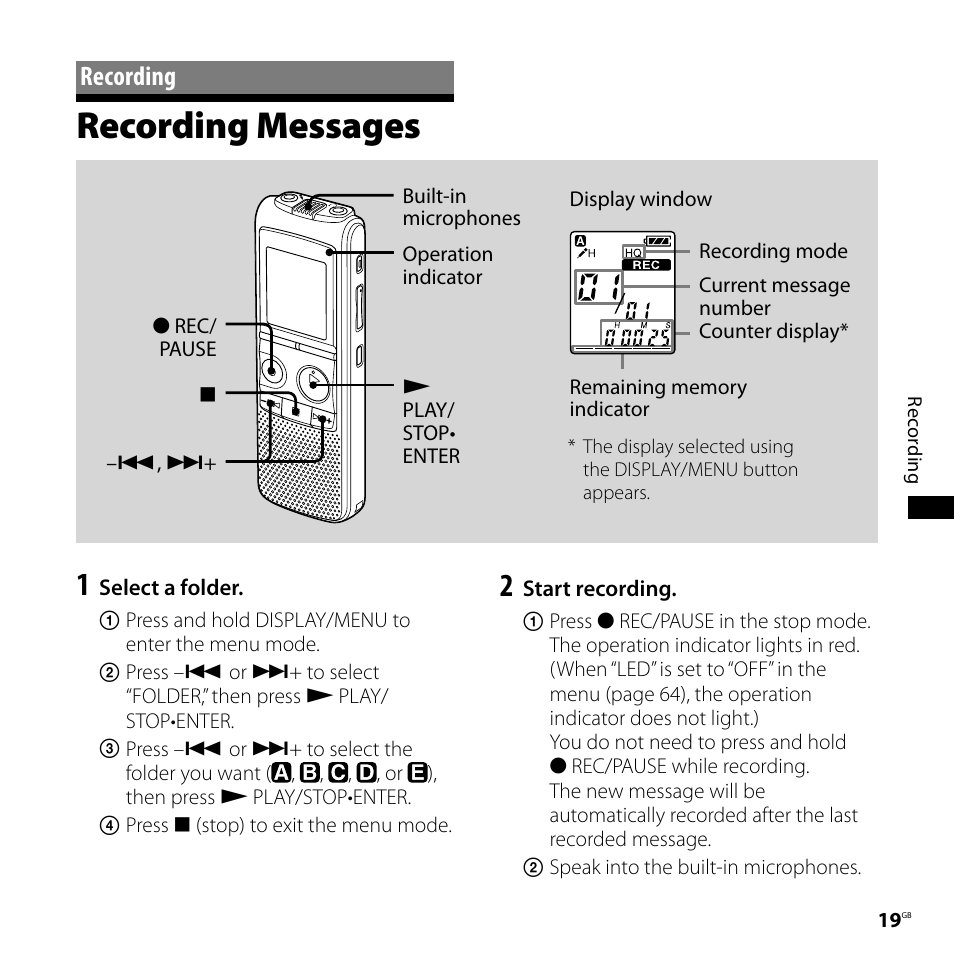 Recording, Recording messages | Sony ICD-PX720 User Manual | Page 19 / 96