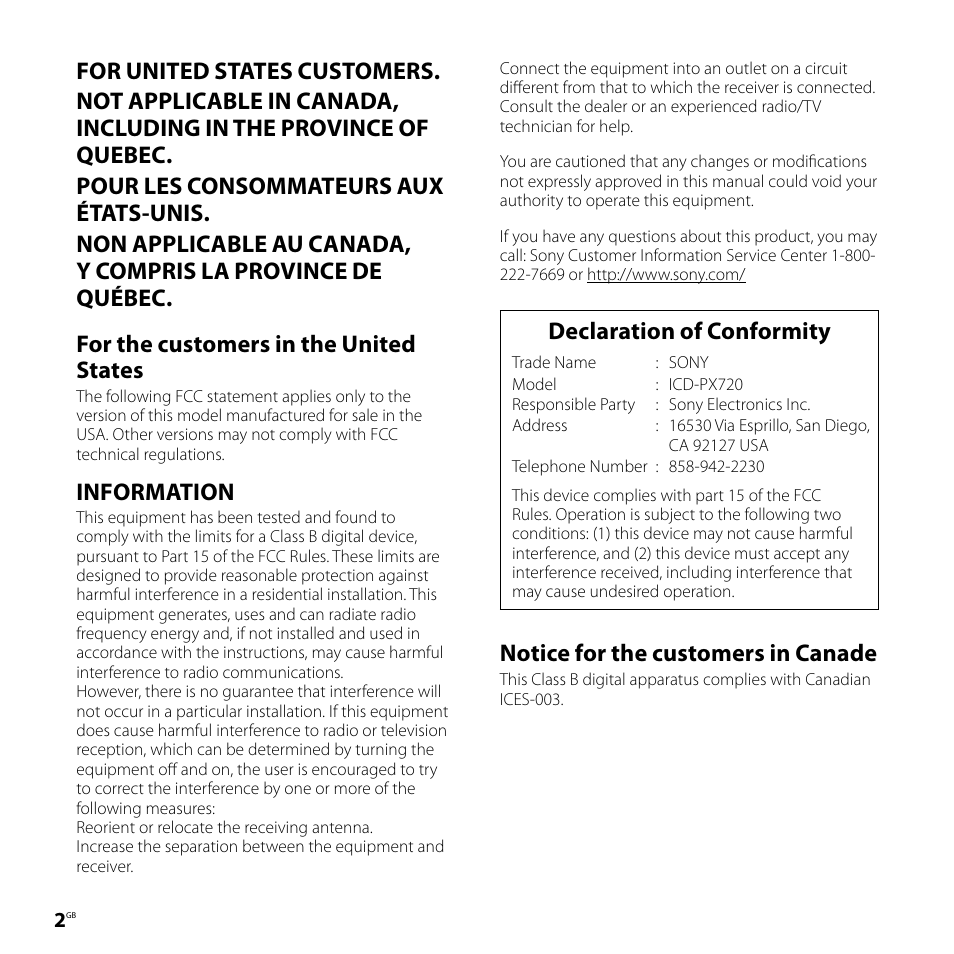 Information, Declaration of conformity, Notice for the customers in canade | Sony ICD-PX720 User Manual | Page 2 / 96