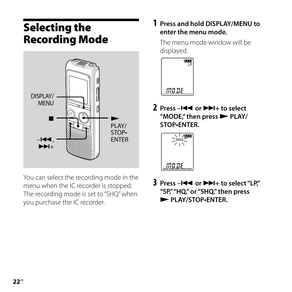 Selecting the recording mode | Sony ICD-PX720 User Manual | Page 22 / 96