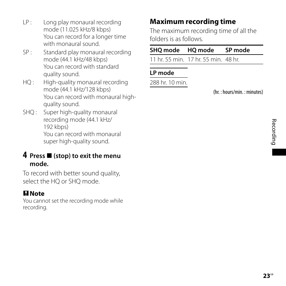 Maximum recording time | Sony ICD-PX720 User Manual | Page 23 / 96