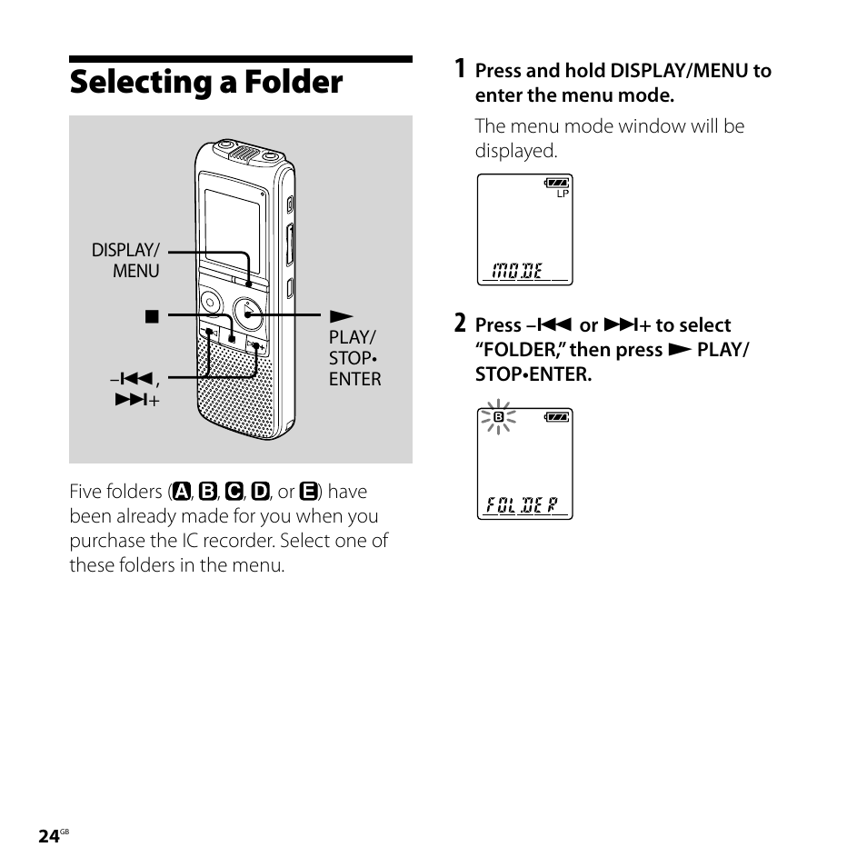 Selecting a folder | Sony ICD-PX720 User Manual | Page 24 / 96