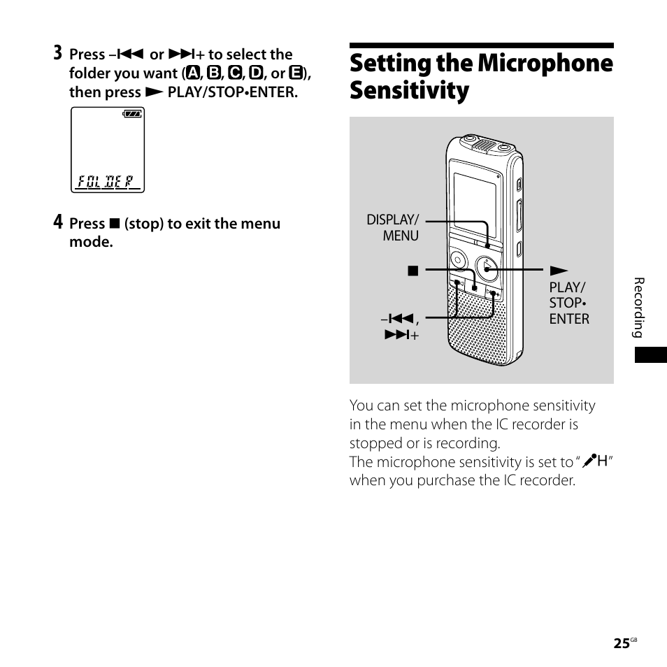 Setting the microphone sensitivity | Sony ICD-PX720 User Manual | Page 25 / 96