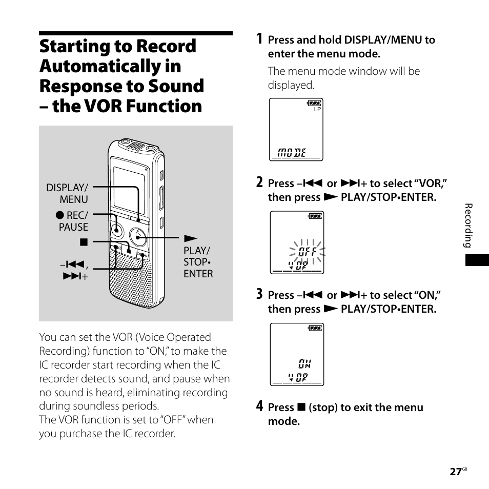 Starting to record automatically in, Response to sound – the vor, Function | Sony ICD-PX720 User Manual | Page 27 / 96