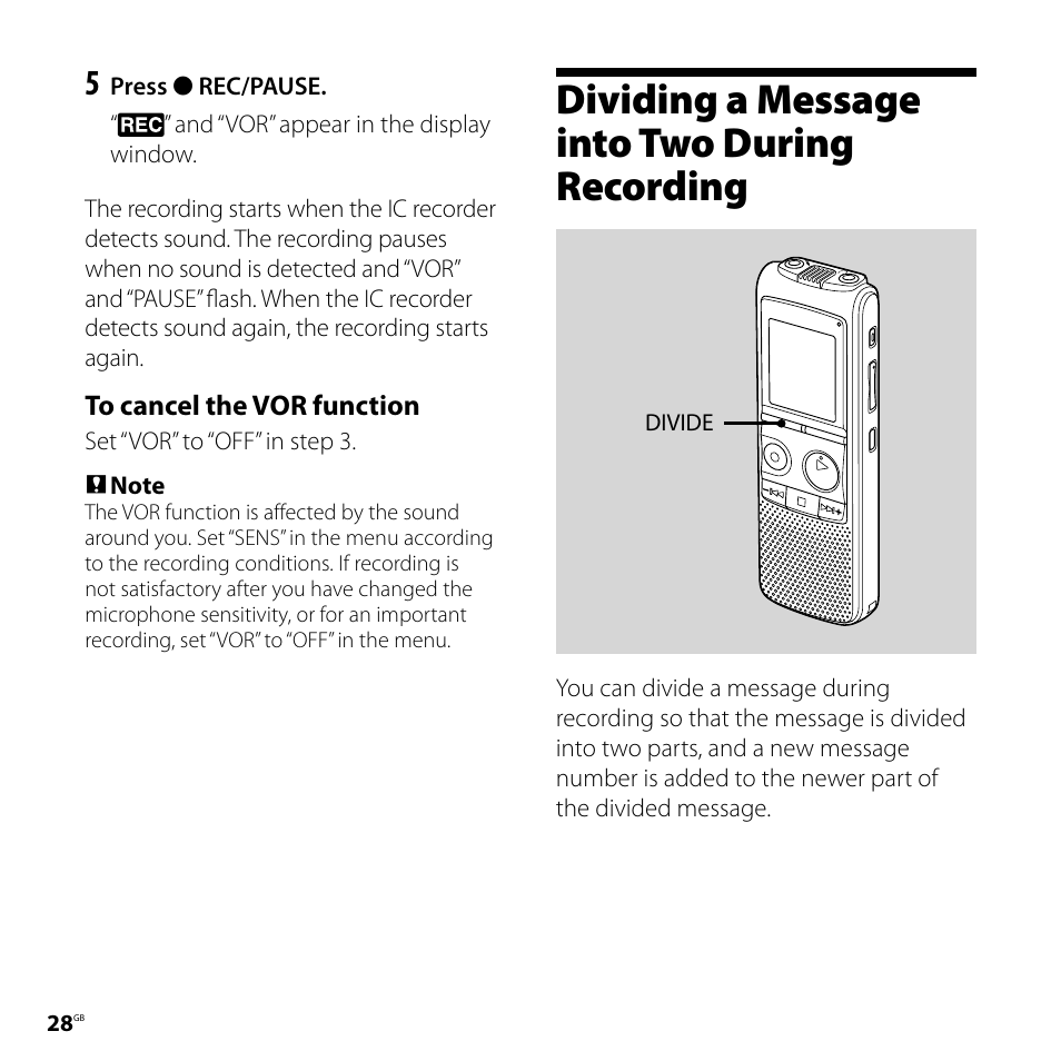 Dividing a message into two during recording, Dividing a message into two during, Recording | Sony ICD-PX720 User Manual | Page 28 / 96