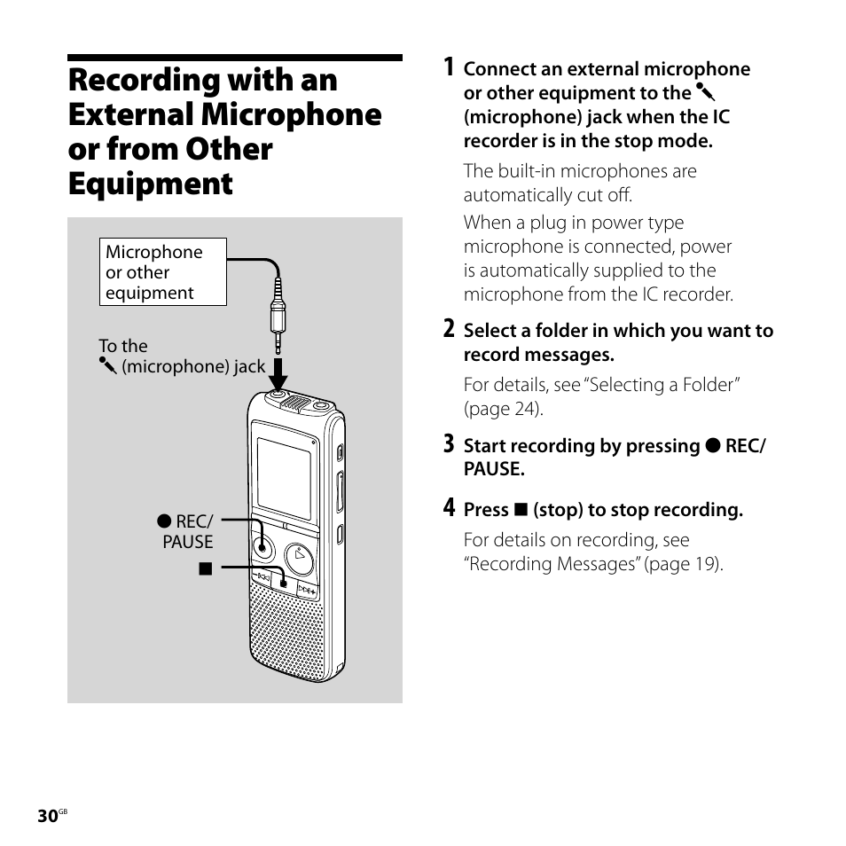 Recording with an external, Microphone or from other, Equipment | Sony ICD-PX720 User Manual | Page 30 / 96