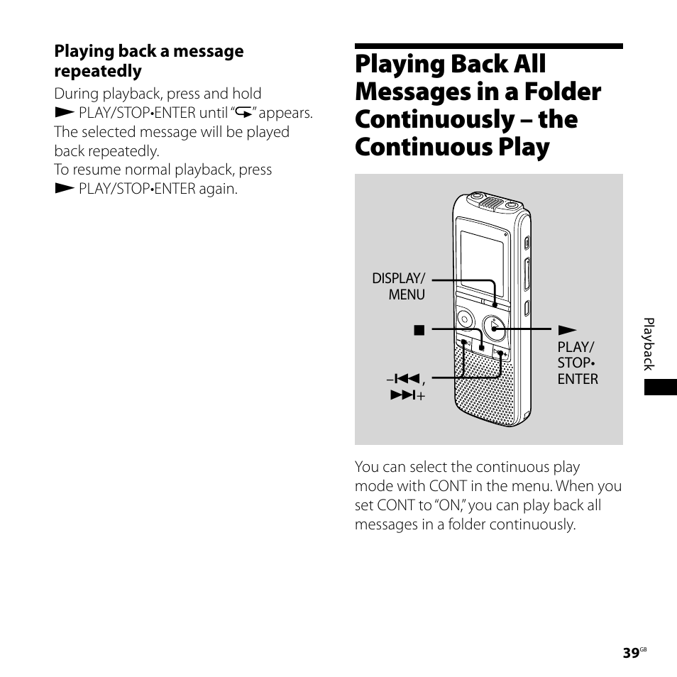 Playing back all messages in a folder, Continuously – the continuous, Play | Sony ICD-PX720 User Manual | Page 39 / 96